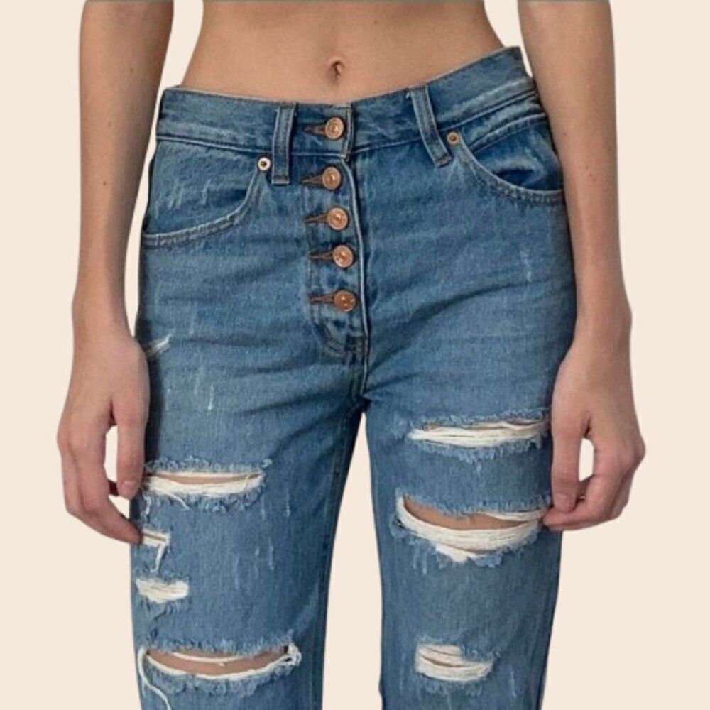 Free People Distressed High Waist Straight Leg Jeans Size 27 - Picture 2 of 14